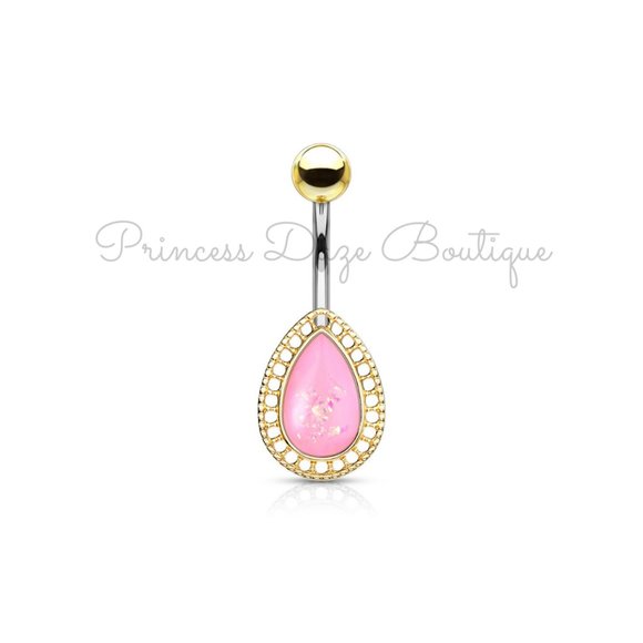 Gold Pink Opal Tear Drop Belly Button Ring - Picture 1 of 1